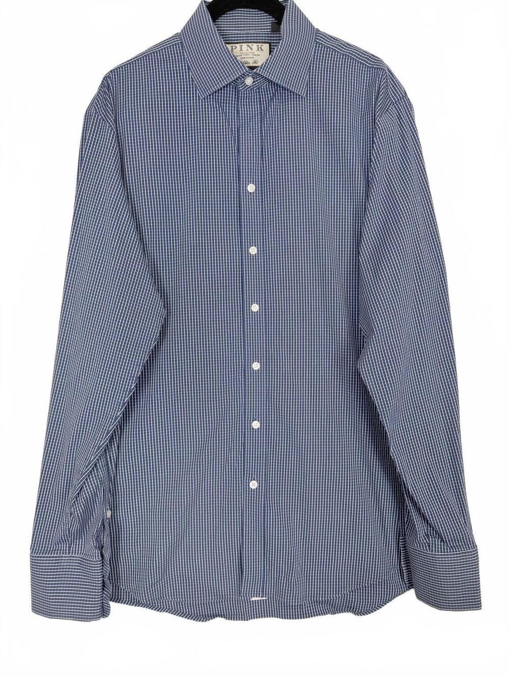 Thomas Pink Navy Blue & White Micro Check Dress Shirt Men's Size 16 / 41 cm